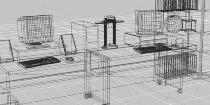 [wireframe image of the office scene]